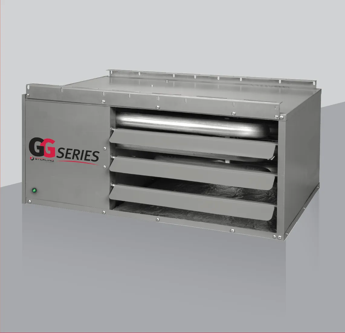 Introducing the "GG Series" industrial ventilation unit, perfect for garage heating. It boasts a metallic rectangular body with multiple horizontal slats, all set against a neutral backdrop.