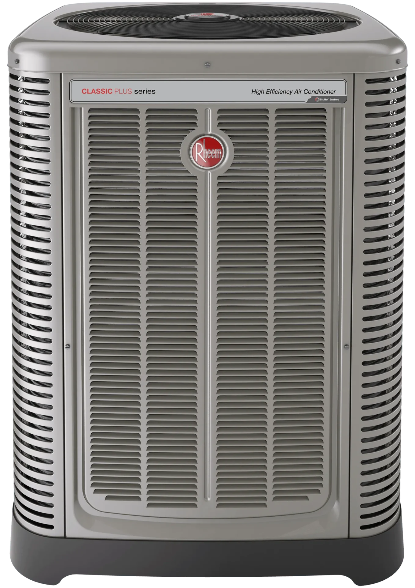 The Gray Rheem Classic Plus Series combines efficient heat pump installation with a sleek vented exterior and a bold red logo on the front.