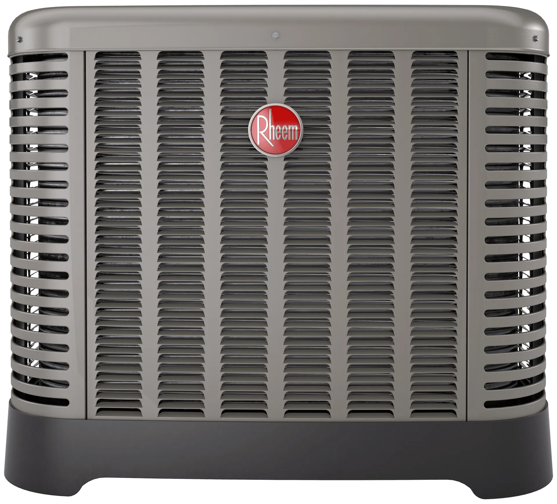 A Rheem heat pump installation features an air conditioning unit with a sleek gray exterior and a bold red logo on the front.