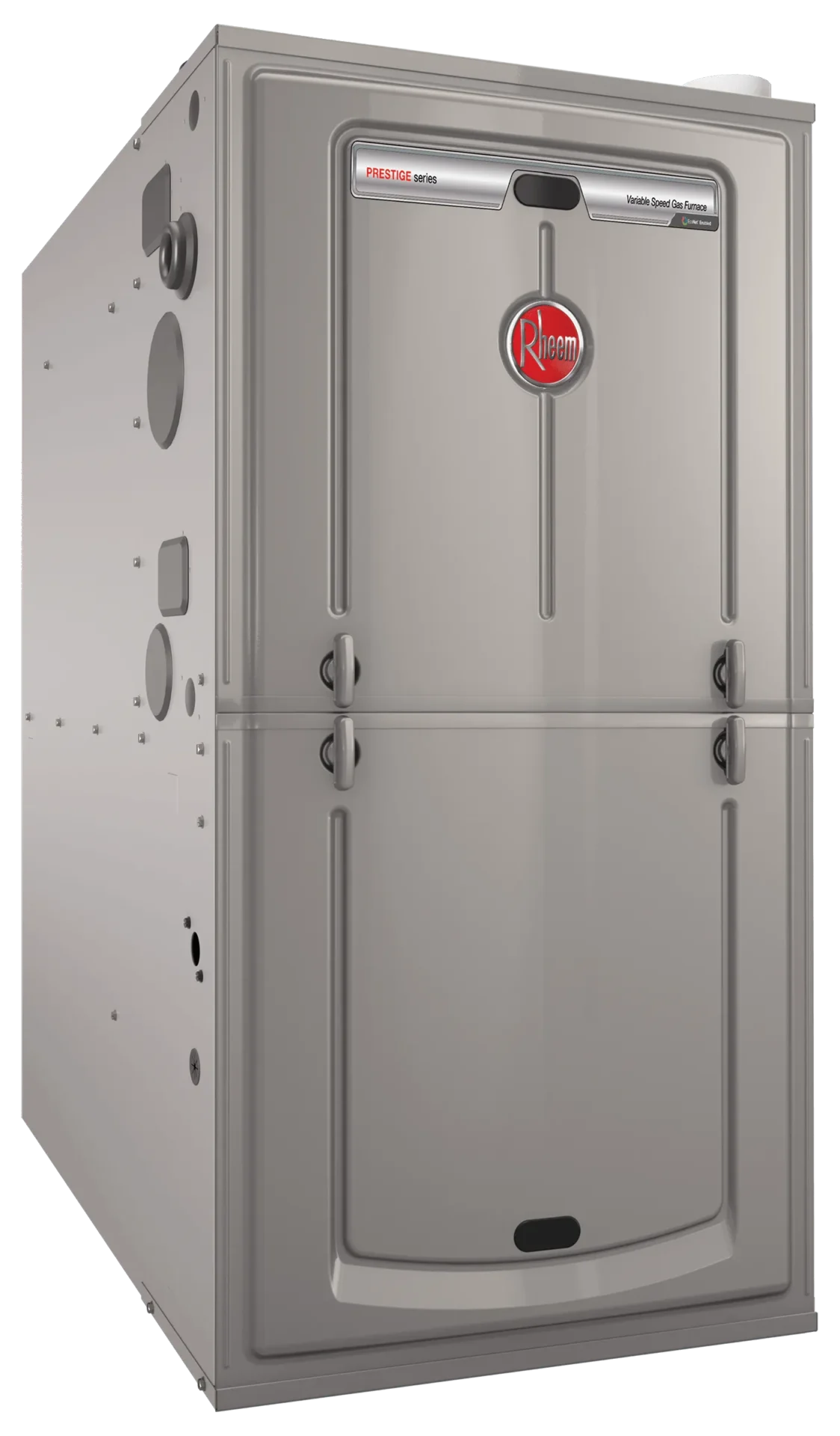 A metallic Rheem Prestige Series gas furnace with a vertical rectangular design features a control panel and logo on the front, ideal for seamless gas furnace installation.