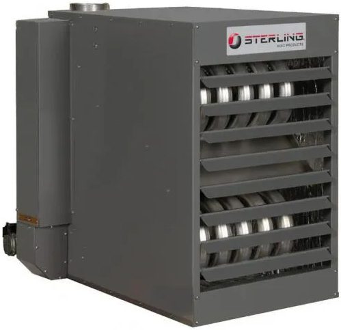 Large industrial heater with a metal casing and multiple vented slats on the front for efficient air release, perfect for garage heating.