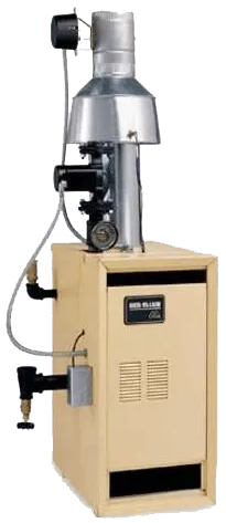 A beige metal furnace, ideal for boiler install & repair, features a silver vent pipe and attached components like a gas valve and pressure gauge. It stands upright against a plain background, ready for efficient performance in any setting.