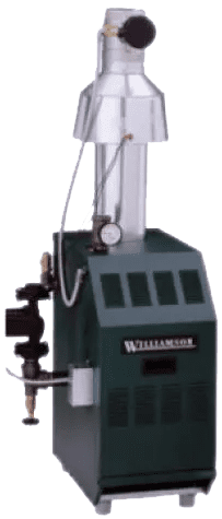 A green Williamson gas boiler with a vent pipe, featuring various control knobs and gauges, perfect for efficient heating. Ideal for those seeking professional Boiler Install & Repair services to ensure optimal performance.