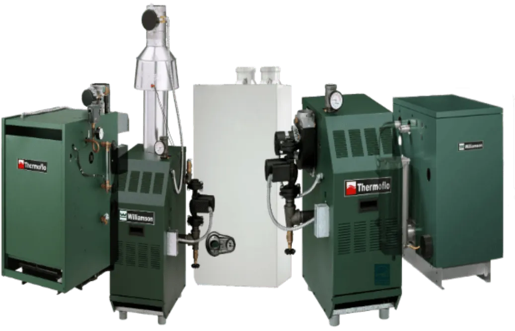 Four green Thermoflo heating units, ideal for boiler install & repair, with attached pipes and gauges are positioned side by side against a plain background.