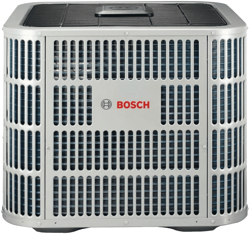 This square metal air conditioning unit, adorned with a Bosch logo, boasts a grid-like exterior and a top-mounted fan. Ideal for efficient heat pump installation, it seamlessly integrates into modern cooling systems.