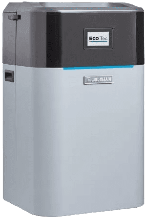 A gray and black water softener unit with a digital display at the top labeled "ECO Tec," seamlessly complements any setup, whether for Boiler Install & Repair or regular maintenance tasks.
